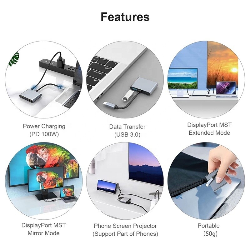 4-in-1 USB C ke Dual 4K HDMI MST Adapter untuk Pengisian Data Transfer dan Video Output