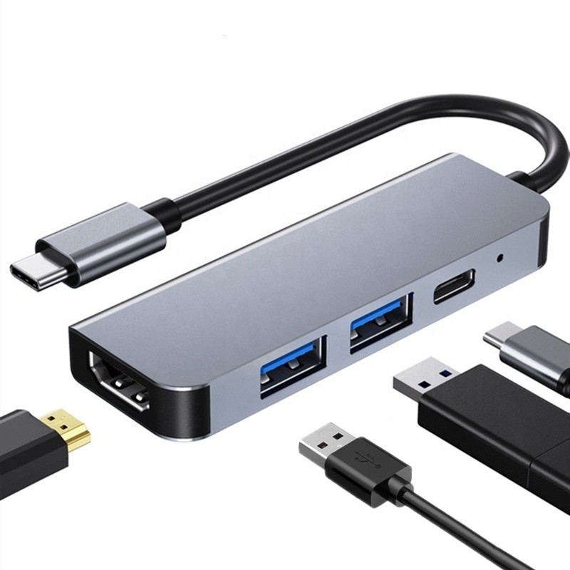 4K HDMI kompatibel Type-C ke USB C Hub Adapter dengan 2 USB3.0 dan PD Charging Port
