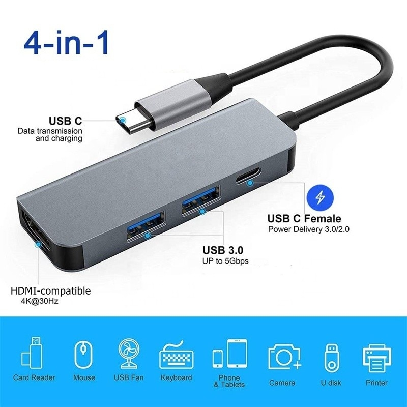 4K HDMI kompatibel Type-C ke USB C Hub Adapter dengan 2 USB3.0 dan PD Charging Port