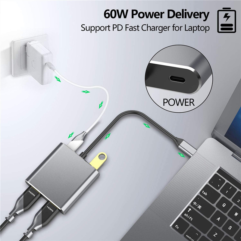 4-In-1 Docking Station dengan 2 Dual 4K HDMI Port dan USB-C Type-C ke Dual HDMI Adapter
