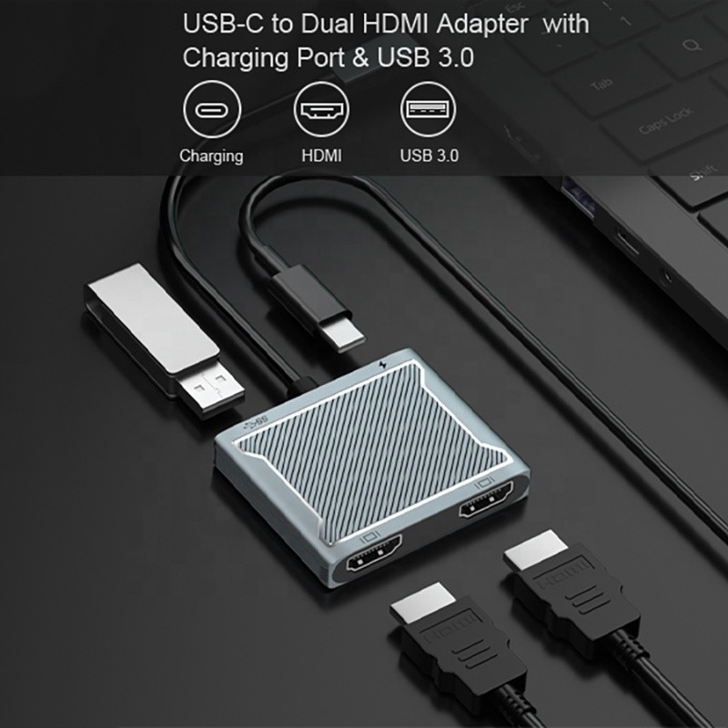 USB C Type C Interface Connector Dual HDMI Adapter 4K 4 In 1 USB 3.0 Hub Untuk Laptop