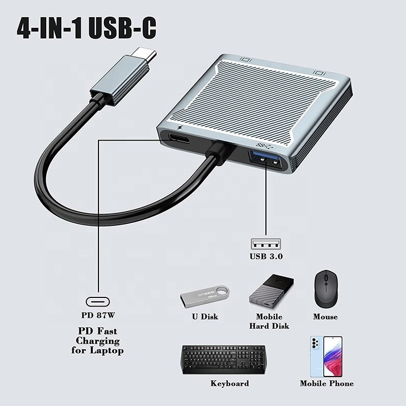 USB C Type C Interface Connector Dual HDMI Adapter 4K 4 In 1 USB 3.0 Hub Untuk Laptop
