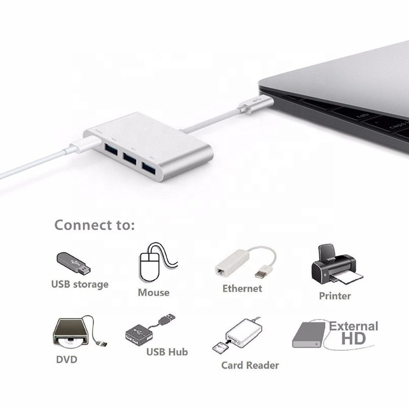 USB 3.1 Antarmuka 4-In-1 Tipe C Hub Adaptor Multiple Untuk Transfer Data Kecepatan