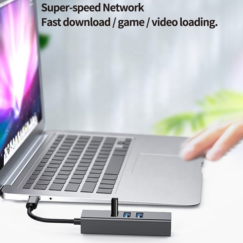 USB 3.1 Tipe C sampai 9 Port USB3.0 Hub dengan Gigabit Ethernet RJ45 Lan Port Adapter Gray