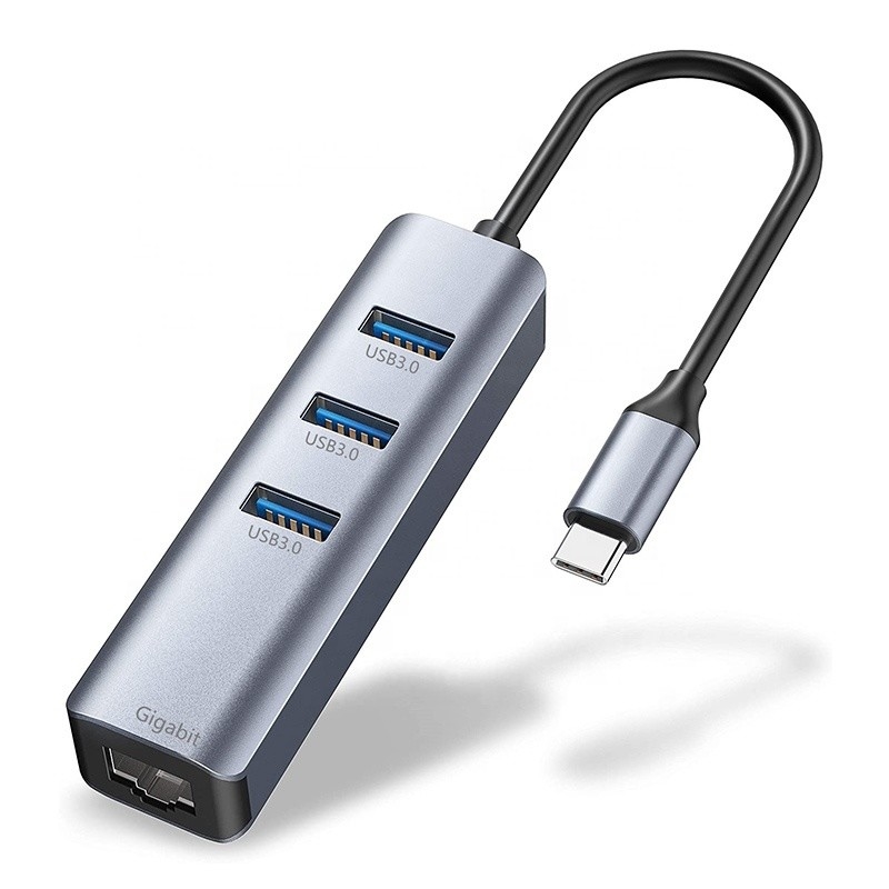 USB 3.1 Antarmuka Tipe C hingga 9 Port Adaptor USB A 3.0 Dengan Kartu Jaringan RJ45 Gigabit Ethernet Abu-abu