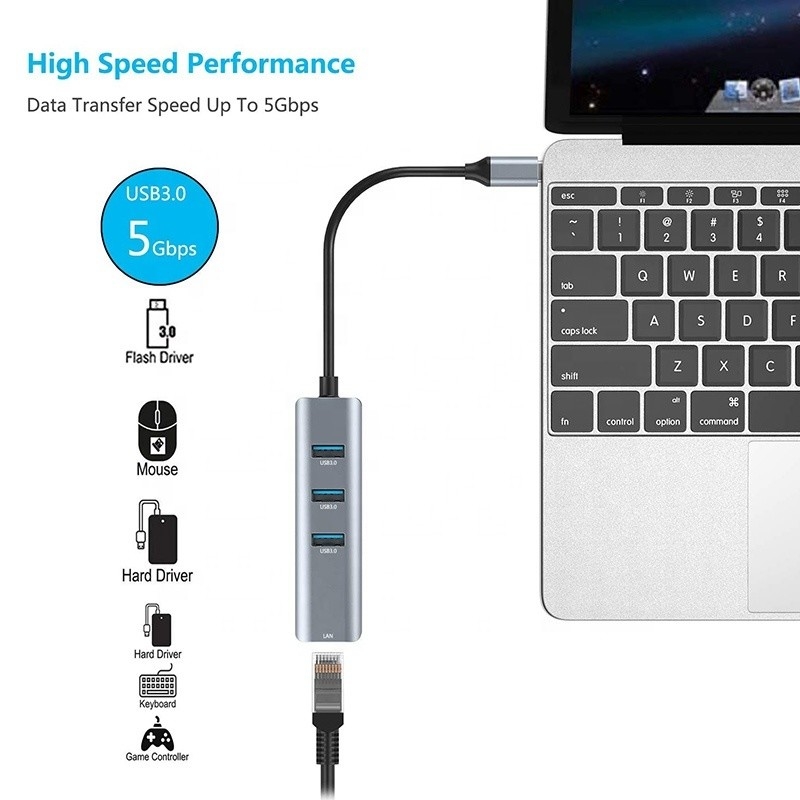 USB 3.1 Antarmuka Tipe C hingga 9 Port Adaptor USB A 3.0 Dengan Kartu Jaringan RJ45 Gigabit Ethernet Abu-abu