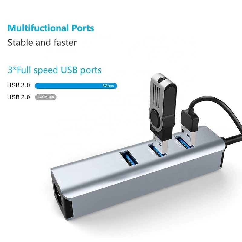 USB 3.1 Antarmuka Tipe C hingga 9 Port Adaptor USB A 3.0 Dengan Kartu Jaringan RJ45 Gigabit Ethernet Abu-abu
