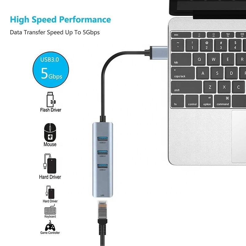 Hub USB 3.0 ke 6 Port dan Adaptor Ethernet 1000Mbps untuk Kompatibilitas Pria-Wanita