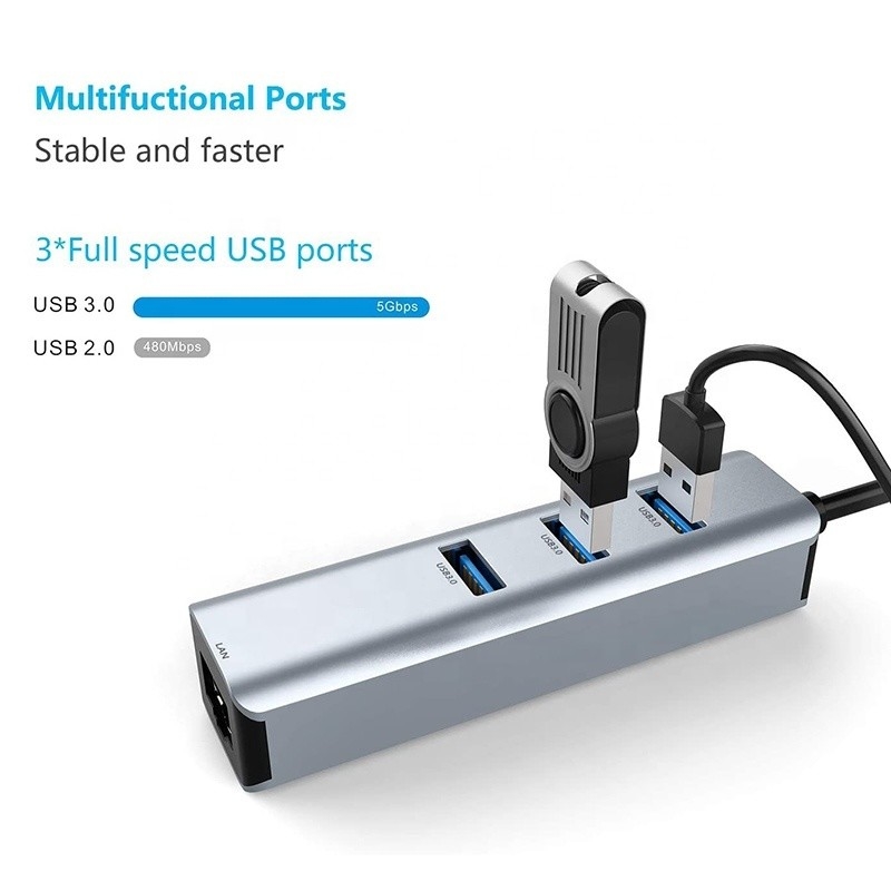 Hub USB 3.0 ke 6 Port dan Adaptor Ethernet 1000Mbps untuk Kompatibilitas Pria-Wanita