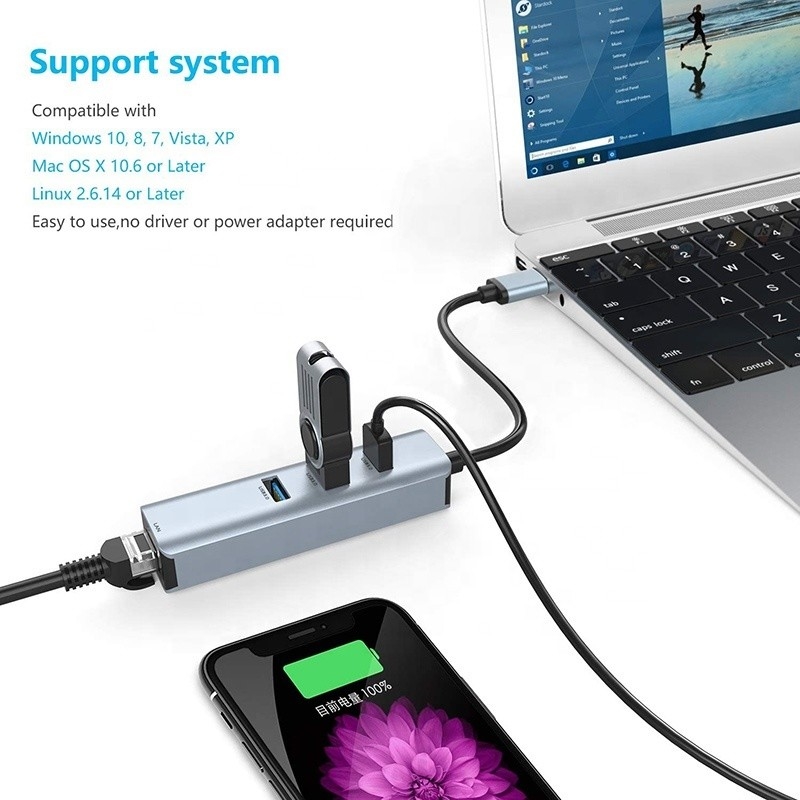 Hub USB 3.0 ke 6 Port dan Adaptor Ethernet 1000Mbps untuk Kompatibilitas Pria-Wanita
