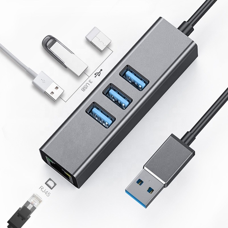 Gray USB3.0 Hub dan RJ45 Lan Adapter dengan 3 Port USB Gigabit Ethernet Network Card