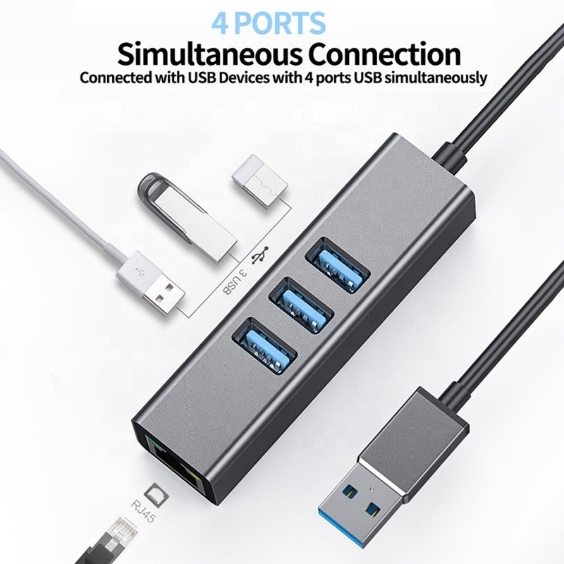 Gray USB3.0 Hub dan RJ45 Lan Adapter dengan 3 Port USB Gigabit Ethernet Network Card