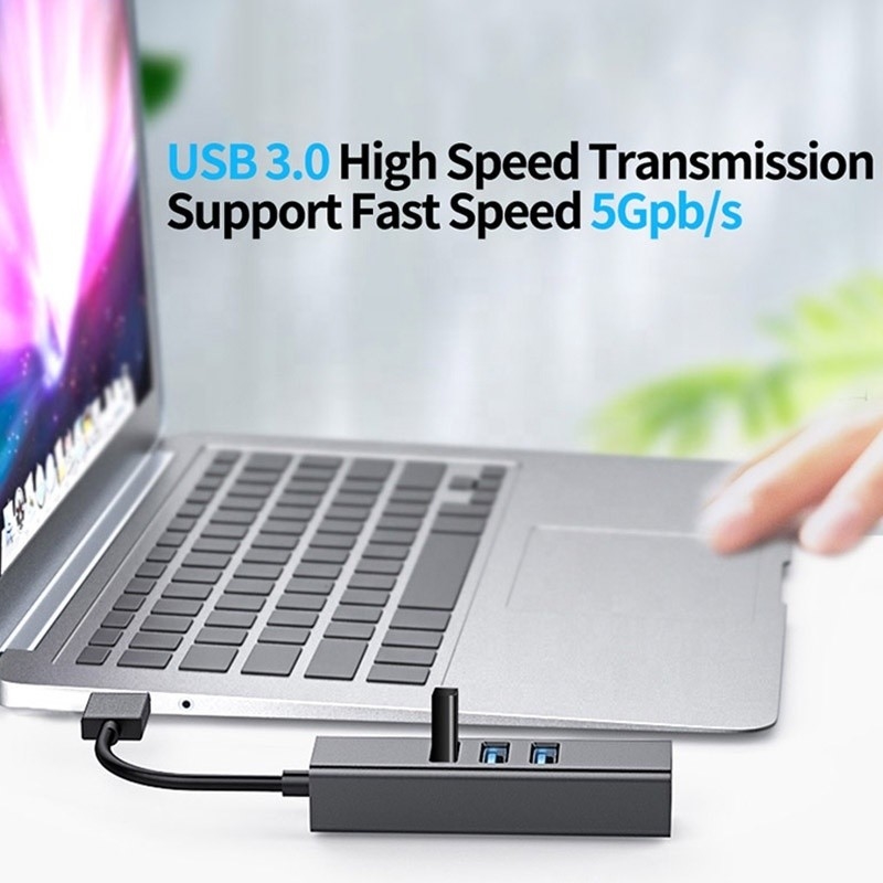 Gray USB3.0 Hub dan RJ45 Lan Adapter dengan 3 Port USB Gigabit Ethernet Network Card