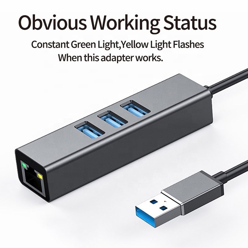 Gray USB3.0 Hub dan RJ45 Lan Adapter dengan 3 Port USB Gigabit Ethernet Network Card