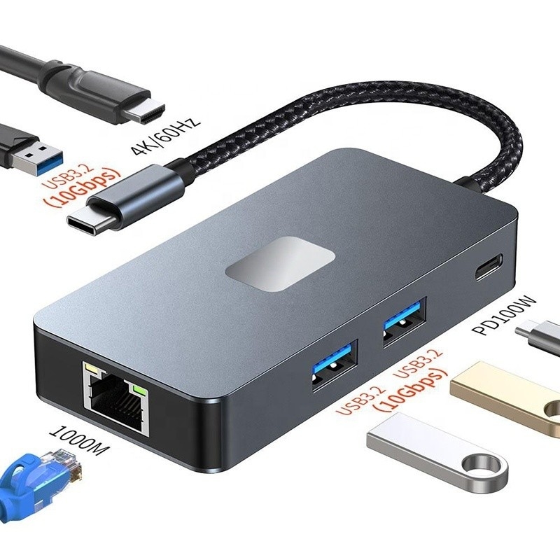 8-In-1 Multiport Adapter USB-C Hub Dengan HDMI 3 USB3.0 RJ45 Dan PD Output 5-8 Port