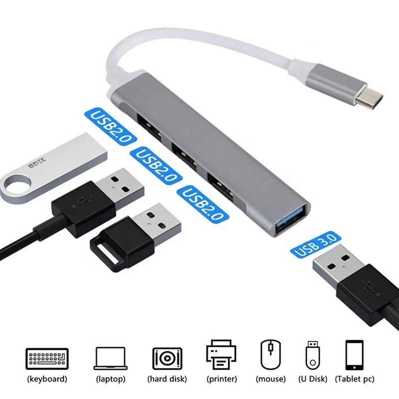 Aluminium 4 Port USB Type-C ke USB 3.0 2.0 Data Hub untuk High Speed Data Transfer