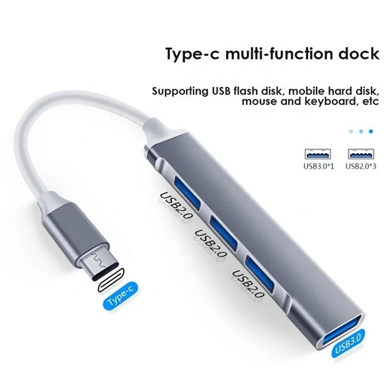 Aluminium 4 Port USB Type-C ke USB 3.0 2.0 Data Hub untuk High Speed Data Transfer