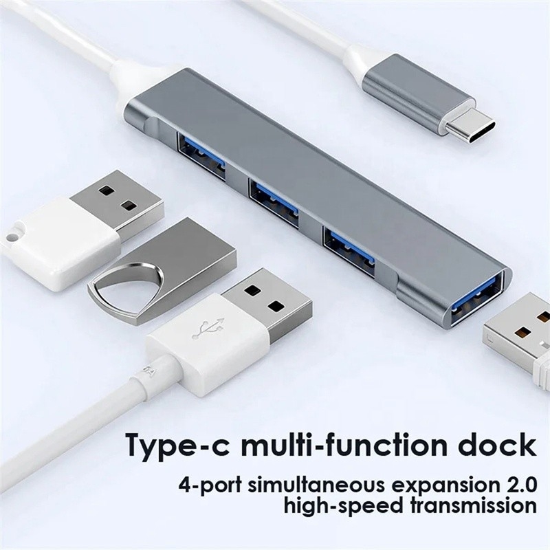 Aluminium 4 Port USB Type-C ke USB 3.0 2.0 Data Hub untuk High Speed Data Transfer