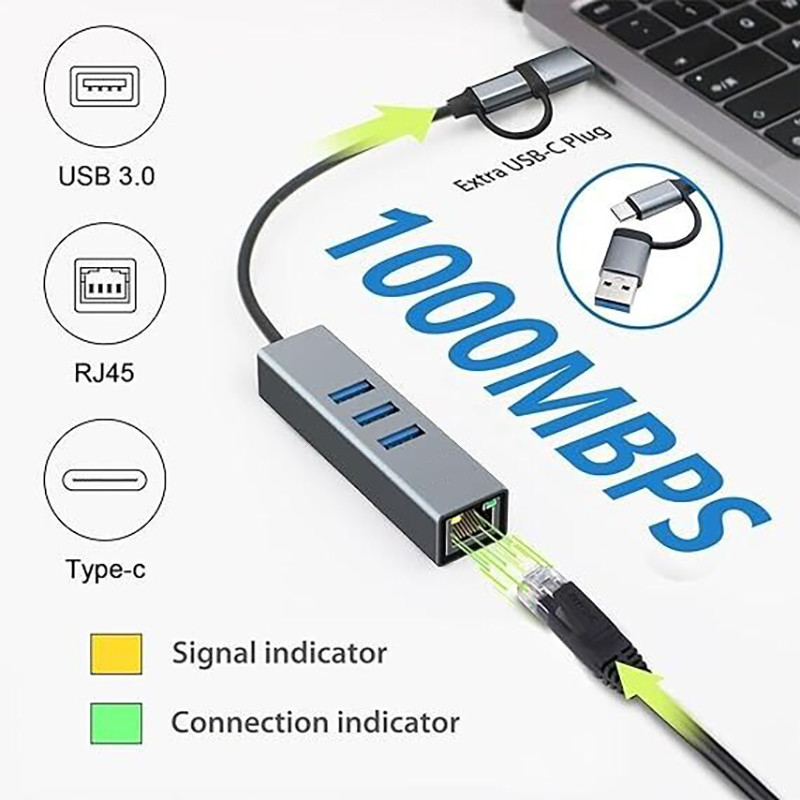 Adaptor USB Tipe-C ke Ethernet dengan 14 port USB 1000 Mbit/s Gigabit RJ45 LAN Hub
