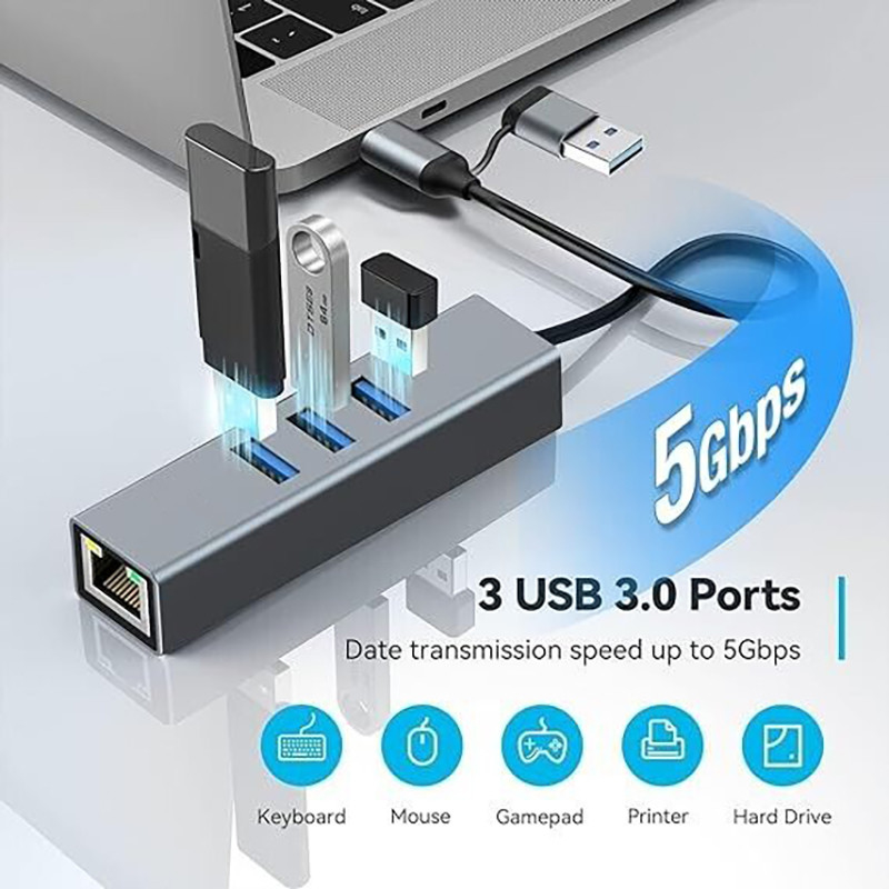 Adaptor USB Tipe-C ke Ethernet dengan 14 port USB 1000 Mbit/s Gigabit RJ45 LAN Hub