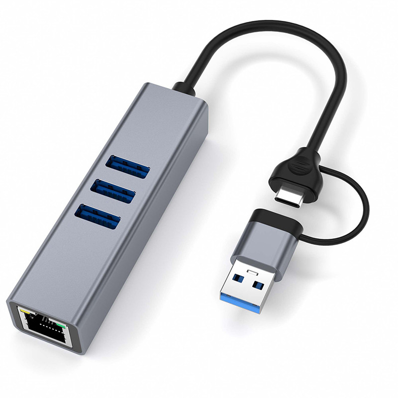 USB Type C LAN Adapter USB C Hub 6 in 2 dengan 3 port USB 3.0 dan RJ45 Gigabit LAN Interface