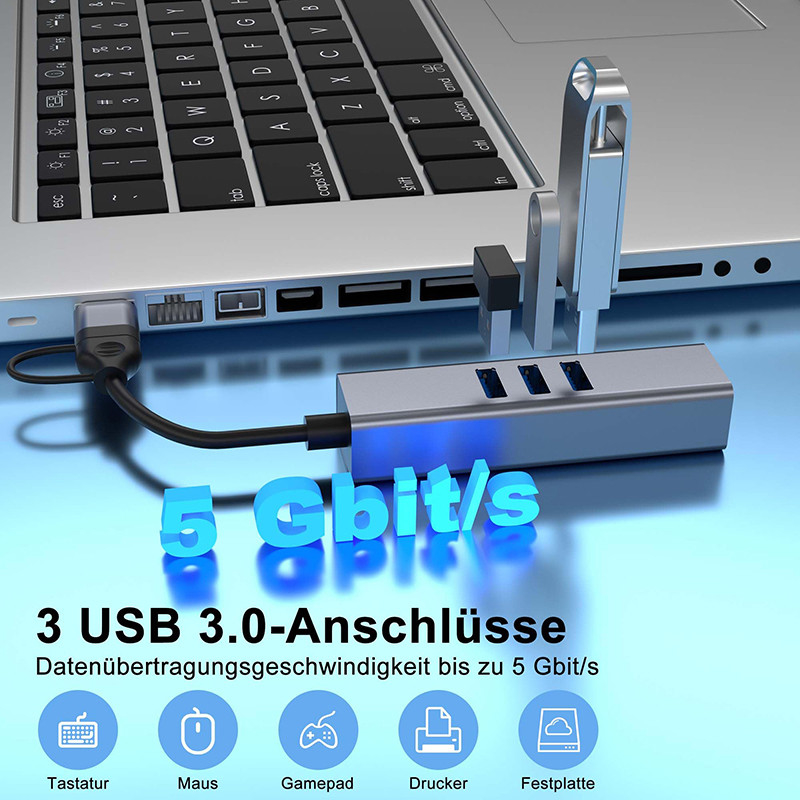 USB Type C LAN Adapter USB C Hub 6 in 2 dengan 3 port USB 3.0 dan RJ45 Gigabit LAN Interface