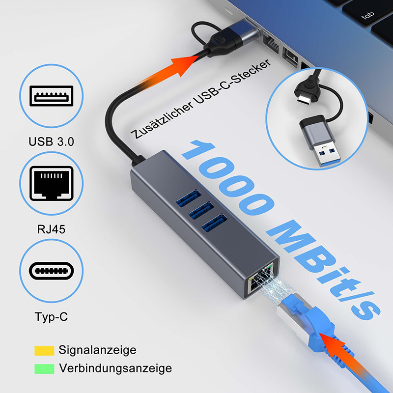 USB Type C LAN Adapter USB C Hub 6 in 2 dengan 3 port USB 3.0 dan RJ45 Gigabit LAN Interface