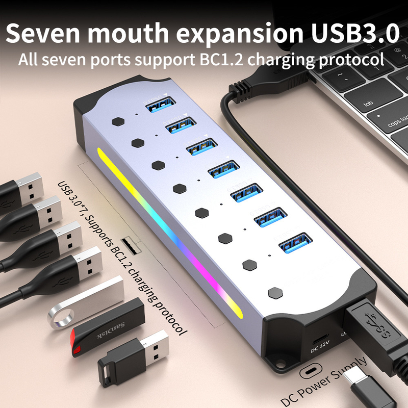 Logo yang disesuaikan Diakui Kecepatan USB 3.0 Hub dengan 7 Port dan Desain Alloy Aluminium