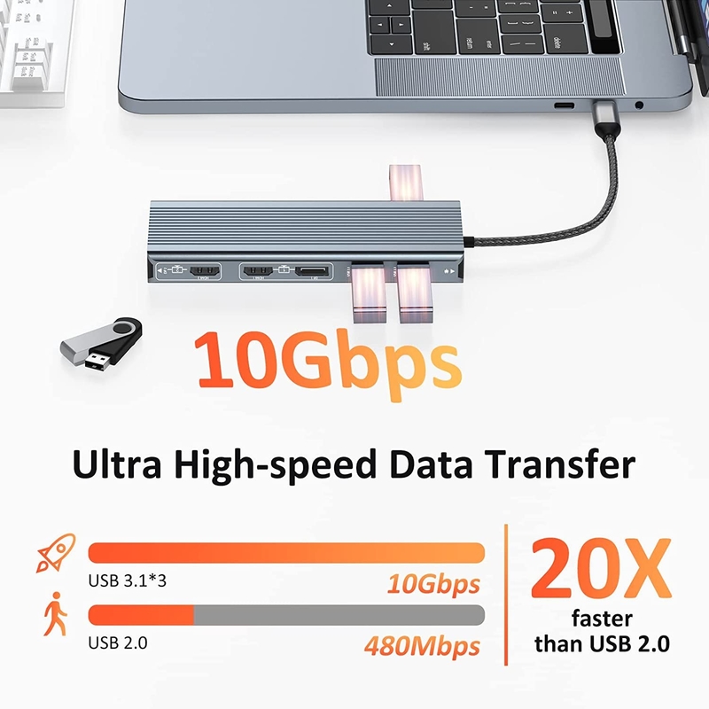 USB 3.1 Antarmuka Tipe C hingga 9 Port Adaptor USB A 3.0 Dengan Kartu Jaringan RJ45 Gigabit Ethernet Abu-abu