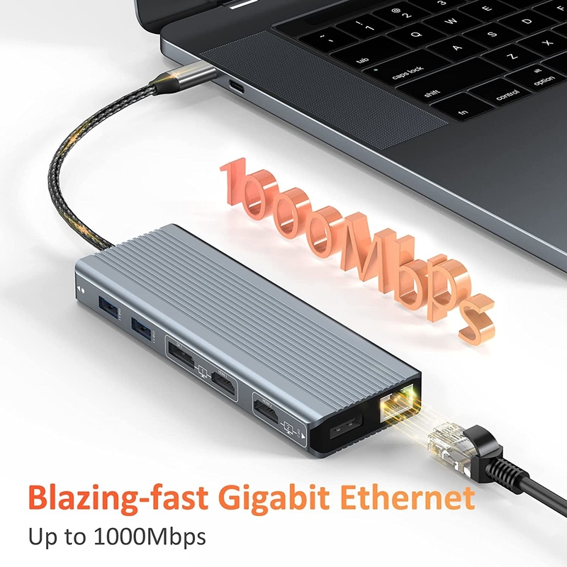 USB 3.1 Antarmuka Tipe C hingga 9 Port Adaptor USB A 3.0 Dengan Kartu Jaringan RJ45 Gigabit Ethernet Abu-abu