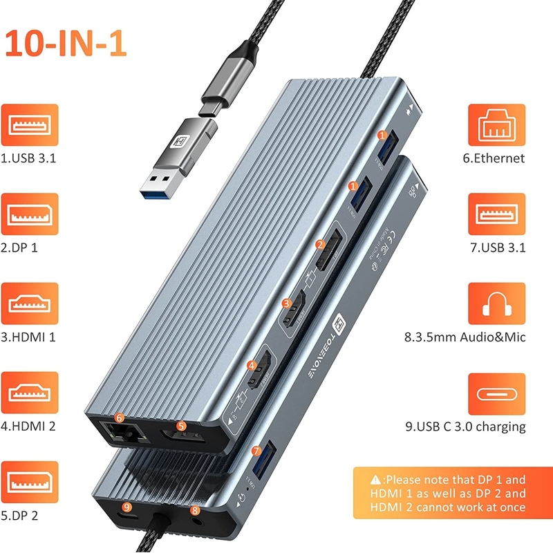 USB 3.1 Antarmuka Tipe C hingga 9 Port Adaptor USB A 3.0 Dengan Kartu Jaringan RJ45 Gigabit Ethernet Abu-abu