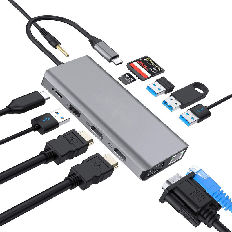 Konektivitas yang ditingkatkan 12 In 1 USB C Type-C Hub Multiport Dock Station Dengan Dual HDMI