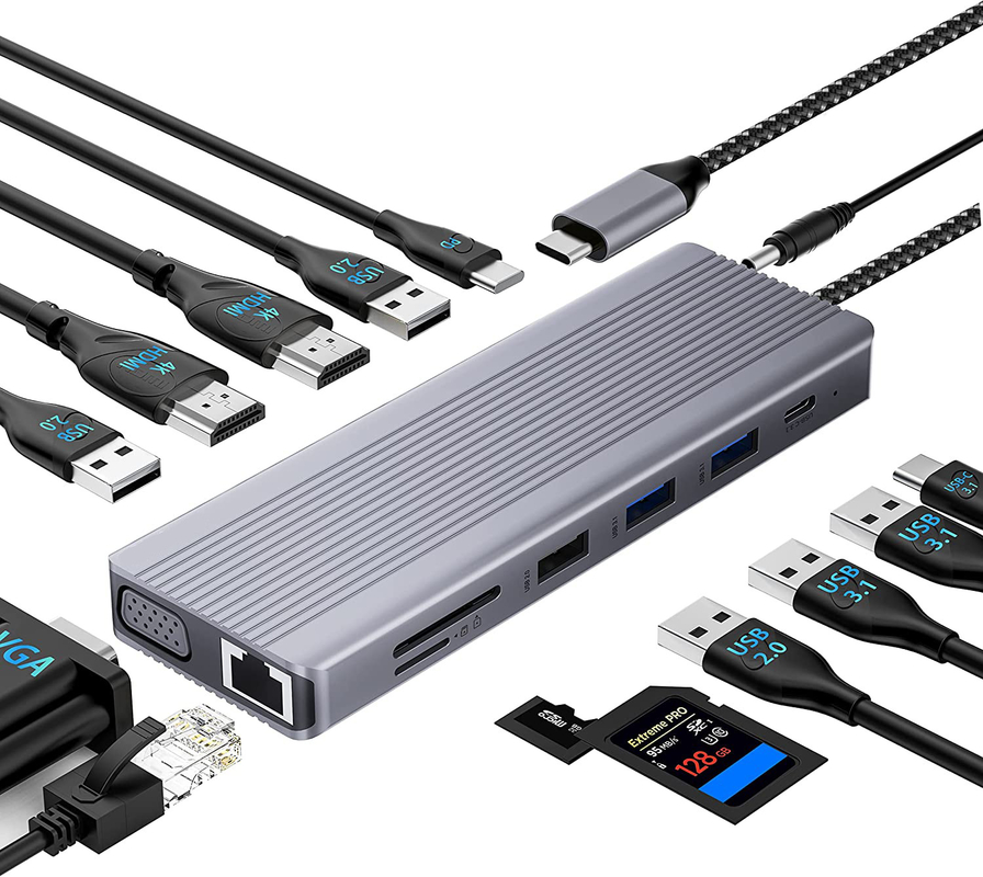 USB C Hub Dengan HDMI Dan Displayport, 13 In 1 USB C Untuk Displayport Hub Dengan 100W PD