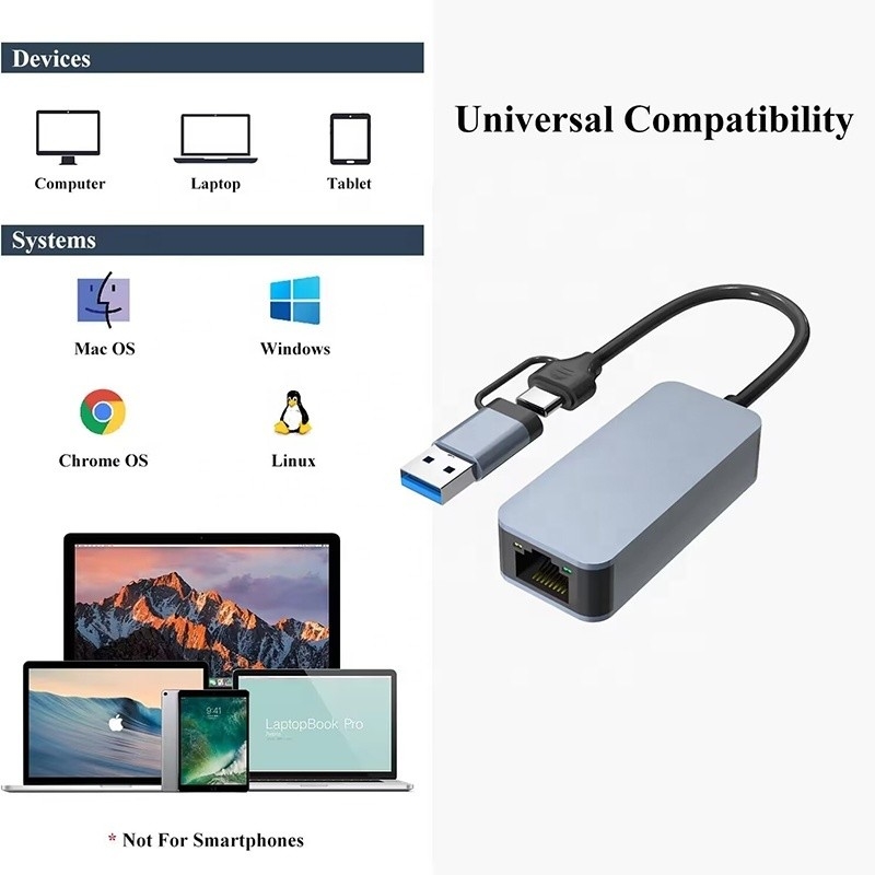 2 In 1 Aluminium USB 3.0 Type C Ethernet Adapter untuk koneksi jaringan yang cepat dan stabil