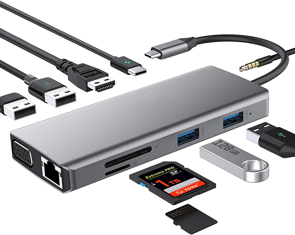 USB C Hub Type-C ke USB 3.0 HDMI VGA RJ45 Lan SD TF Audio Adaptor Multiport USB Grey