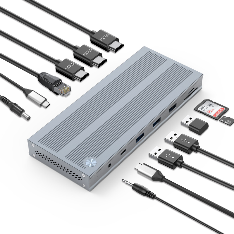 14 In 1 USB-C Docking Station dengan Displaylink IC Type C ke HDMI Mendukung Triple Monitor hingga 4K Aluminium Alloy dan ABS