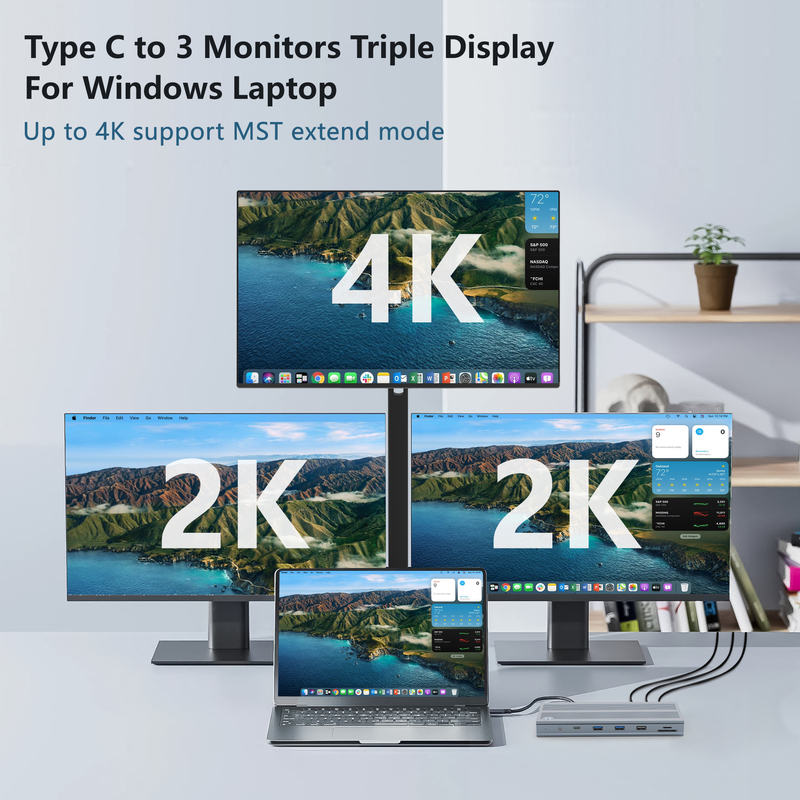 14 In 1 USB-C Docking Station dengan Displaylink IC Type C ke HDMI Mendukung Triple Monitor hingga 4K Aluminium Alloy dan ABS