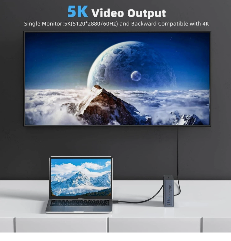 16-in-1 Thunderbolt 3 Docking Station dengan 40Gbps Speed DP1.4 Output dan 65W PD Charging